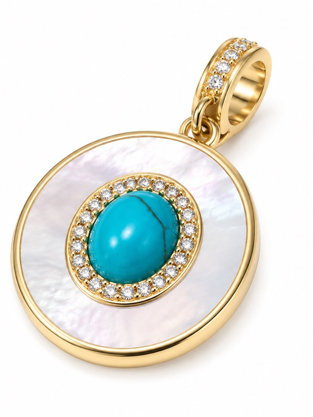 Gold-Tone Mother of Pearl Necklace Pendant with Turquoise Cabochon